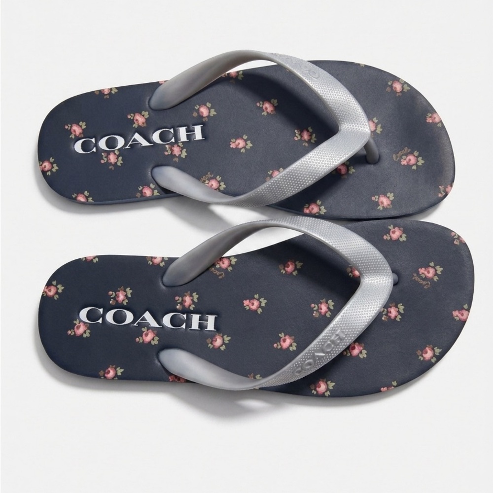 Coach Zayn Navy Flip Flops with Pink Floral Print - Size 7